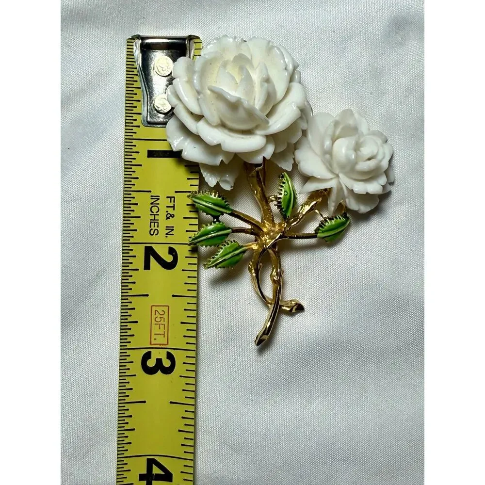 Vintage FELI White Rose Floral Brooch Gold Tone Enamel Leaves